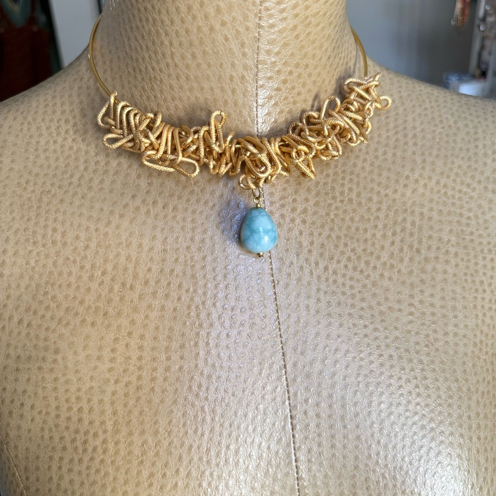 Gold Chain Collar Necklace with Blue Quartz Drop Pendant, Artisan Wire Choker - Picture 8 of 8